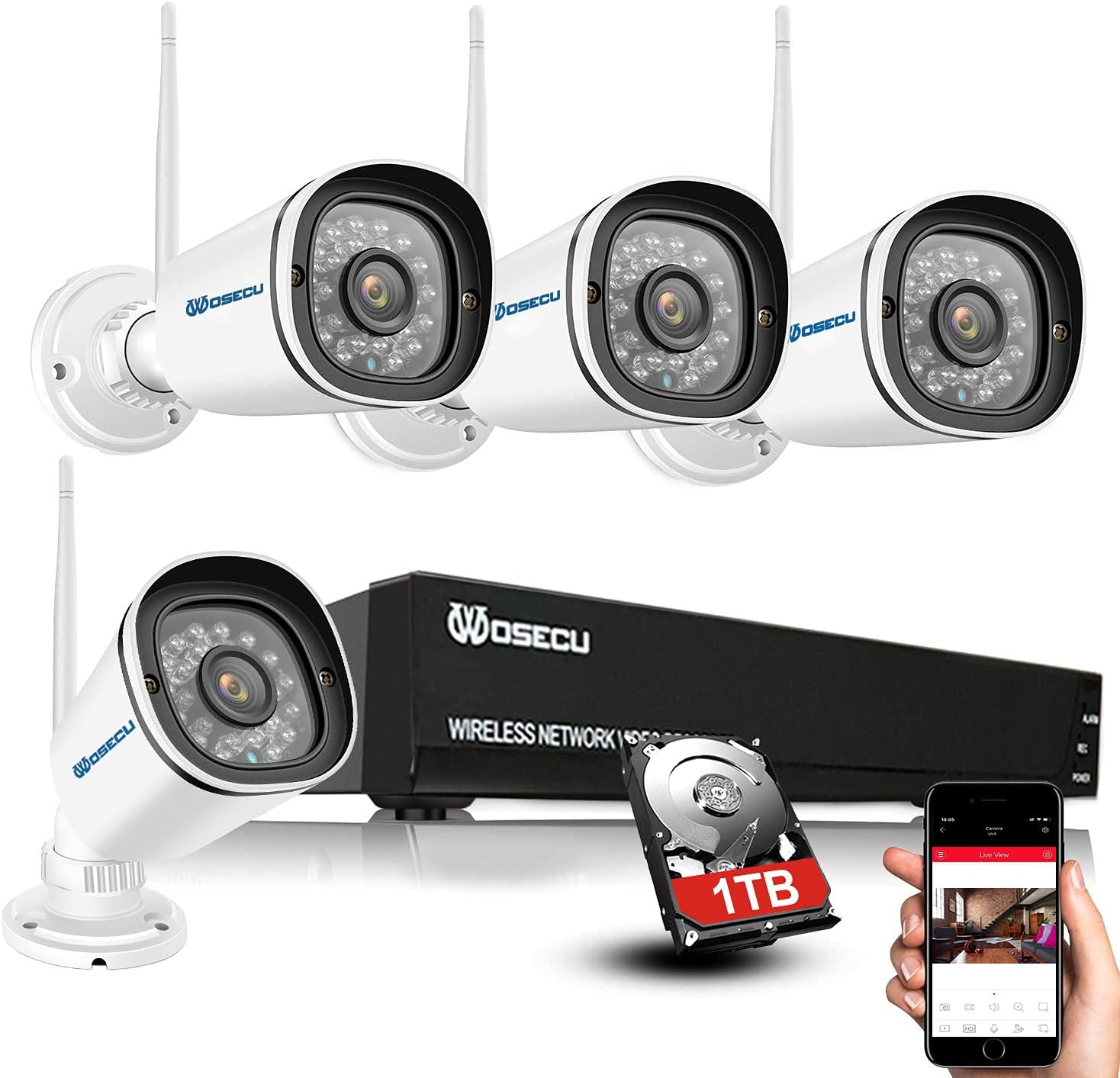 WOSECU 8CH Wireless Security Camera System, Home Security Outdoor 1TB Hard Drive Pre-Installed 4PCS 1080p Outdoor WiFi Surveillance Camera with Night Vision, Waterproof, Motion Alert, Remote Access