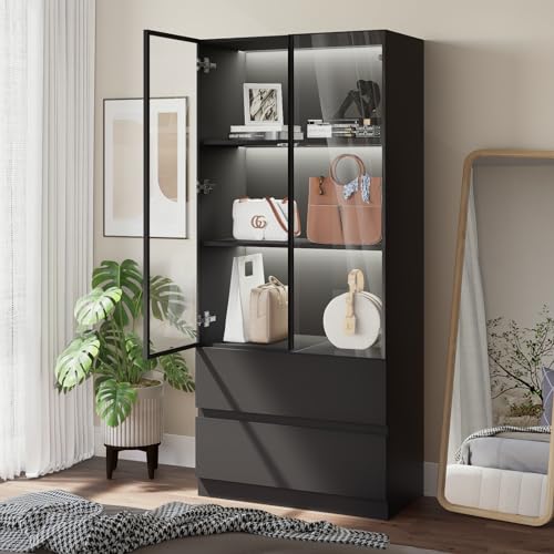 Glass Display Cabinet, Display Case Cabinet with LED Lights, Display Cabinet with Glass Door, Curio Cabinet with 3-Tier Shelves and 2 Drawers, Storage Cabinet for Living Room, Bedroom