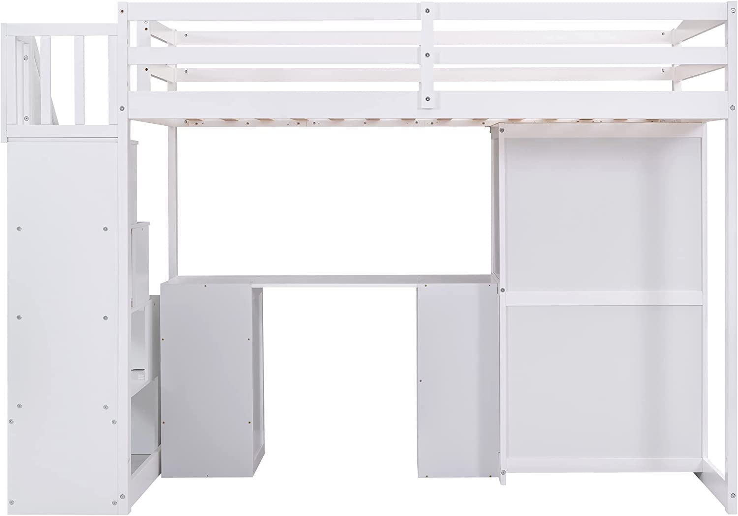 Loft Bed With Stairs And Wardrobe, Solid Wood Loft Bed Frame With Desk And Storage Drawers, Cabinet, For Kids Teens Adults ( Size, White)