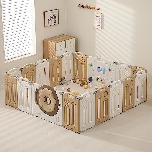 Baby Playpen, Foldable Baby Playpen, Playpen for Babies and Toddlers, Baby Fence with Game Panel and Safety Gate, Adjustable Play Pens, Portable Kids Play Yards for Indoor, 18 Panels