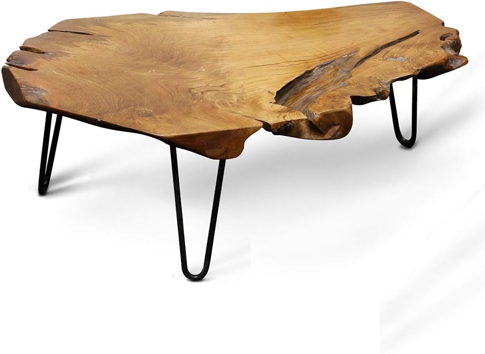 StyleCraft Badang Carving Natural Wood Edge Teak Contemporary Coffee Cocktail Table with Clear Lacquer Finish and Metal Hairpin Legs for Living Room