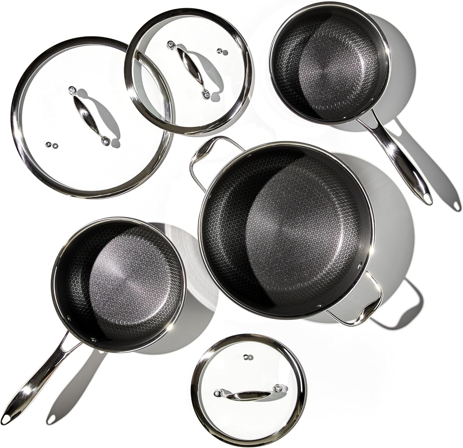 HexClad 12 Piece Hybrid Stainless Steel Cookware Set - 6 Piece Frying Pan Set and 6 Piece Pot Set with Lids, Stay Cool Handles, Dishwasher Safe, Induction Ready, Metal Utensil Safe
