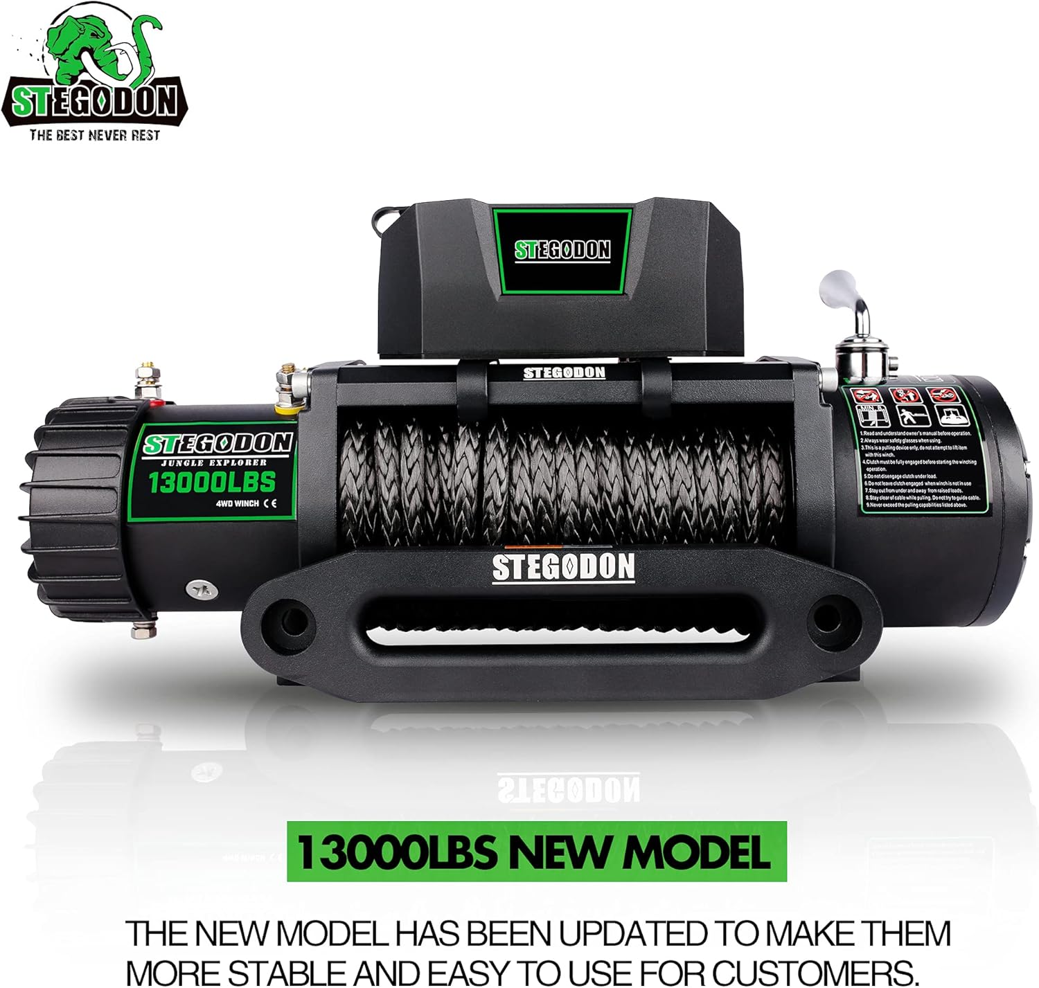 STEGODON New 13000 lb. Load Capacity Electric Winch T3,12V Synthetic Rope Electric Winch with Hawse Fairlead,Waterproof IP67 Winch with Wireless Handheld Remotes and Wired Handle(All Black)
