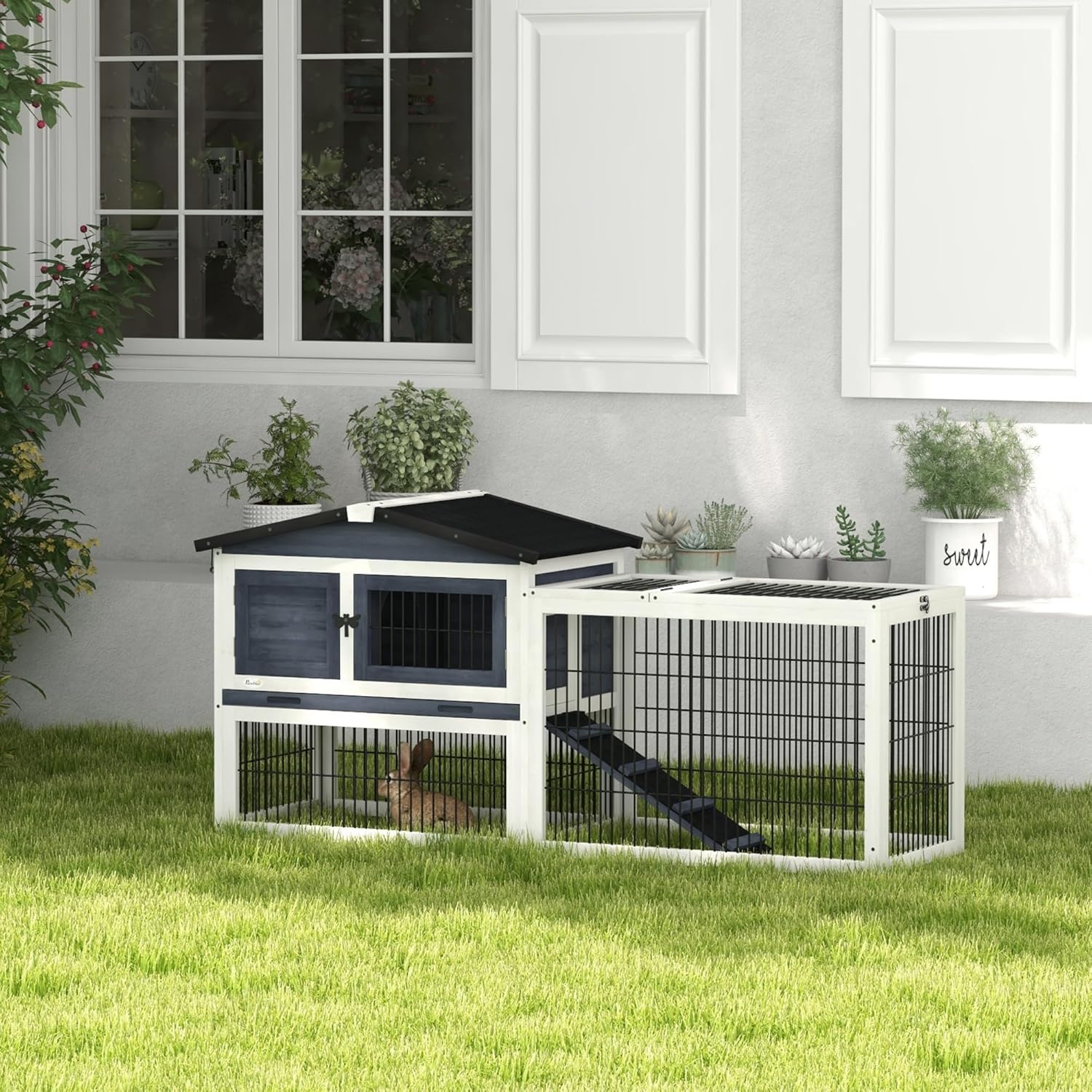 2 Levels Outdoor Rabbit Hutch with Openable Top, 59" Wooden Large Rabbit Cage with Run Weatherproof Roof, Removable Tray, Ramp, Dark Gray