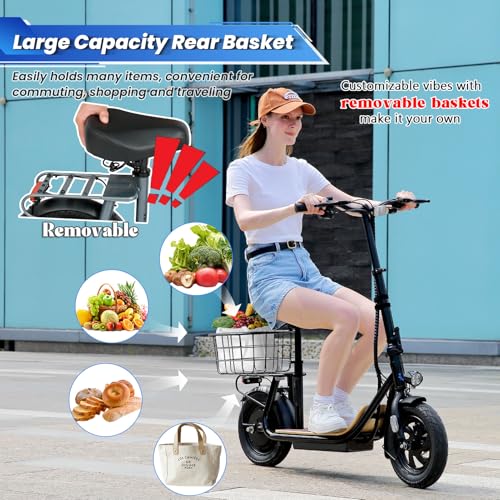 Caroma Peak 800W/1200W Electric Scooter Adults, 30 Miles Max Range, Foldable Electric Scooter with Seat, Front Suspension, Detachable Large Basket,Commuter E-Scooter for Adult and Teens