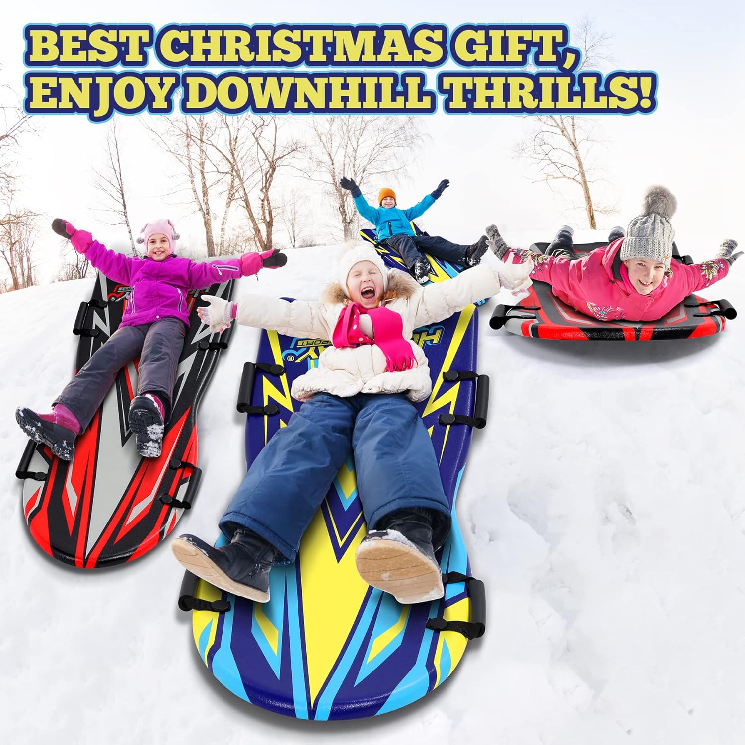 50" Snow Sled, 2 Pack Large Snow Sleds for Kids and Adult, Durable Foam Sled with Slick Bottom Jet Sled Fast Toboggan Sled Molded 4 Handles Snow Toys Saucer Sled for 2-3 Riders Winter Sledding