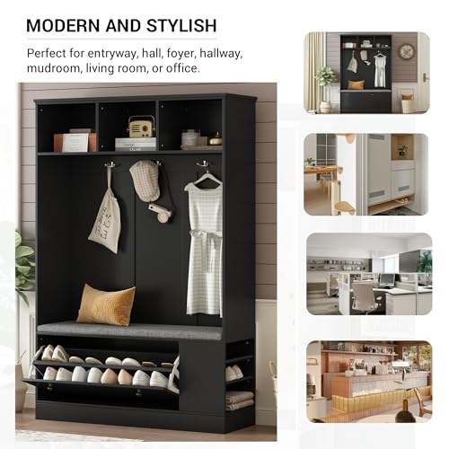 3-in-1 Design, Hall Tree with 6 Hooks, Hanger, Storage Bench, 39.4Inch Coat and Shoe Rack for Entrance, Hallway, Entryway, Living Room, 47.2'', White