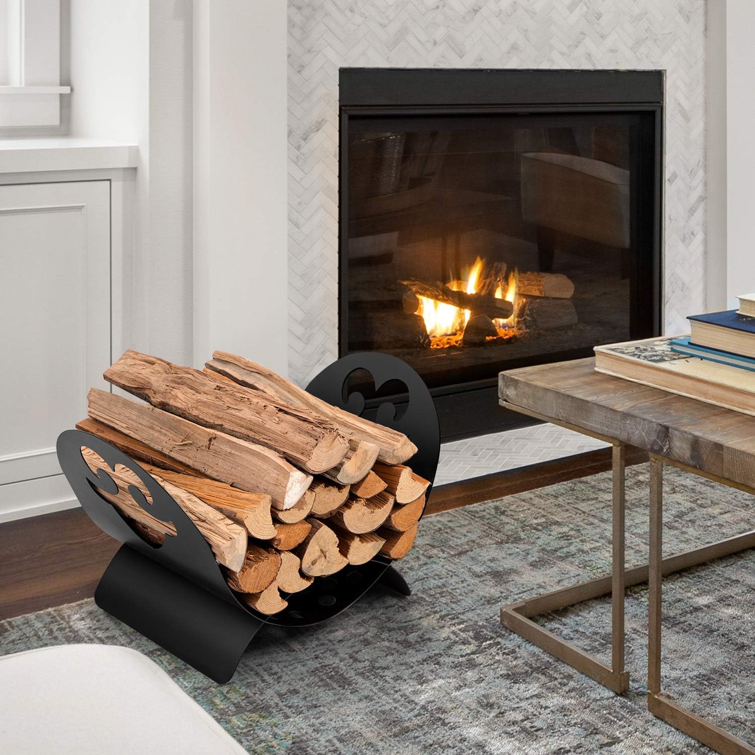 Amagabeli Firewood Rack Indoor Carrier Metal Fireplace Log Holder Basket Outdoor Wrought Iron Fireset Wood Holders Stove Stacking Rack Storage Container Metal Kindling Hearth Large Accessories Black
