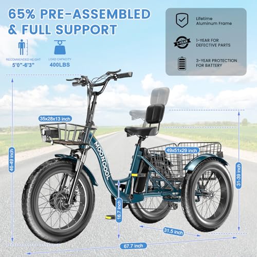 MOONCOOL Electric Tricycle Trike for Adults 350W 36V Removable Battery 24/26 Inches 7 Speeds 3 Wheels Electric Bikes Bicycle for Adults, Three Wheel Electric Cruiser Tricycle