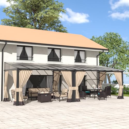 10' x 28' Gazebo,Outdoor Pergola Large Wall-Mounted hardtop Lean to Gazebo with Sloped Roof and Double Curtains & Netting,Awnings for Patio,Backyard,Deck,Garden,Navy