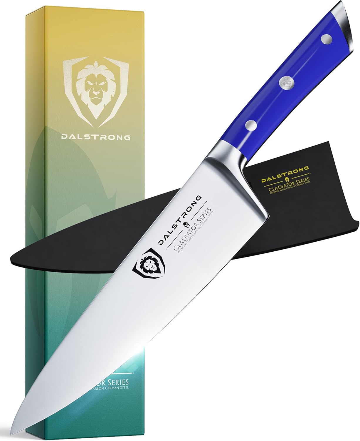 DALSTRONG Chef Knife - 8 inch - Gladiator Series - Forged ThyssenKrupp High Carbon German Steel - Razor Sharp Kitchen Knife - Full Tang - Blue ABS Handle - Sheath Included - NSF Certified
