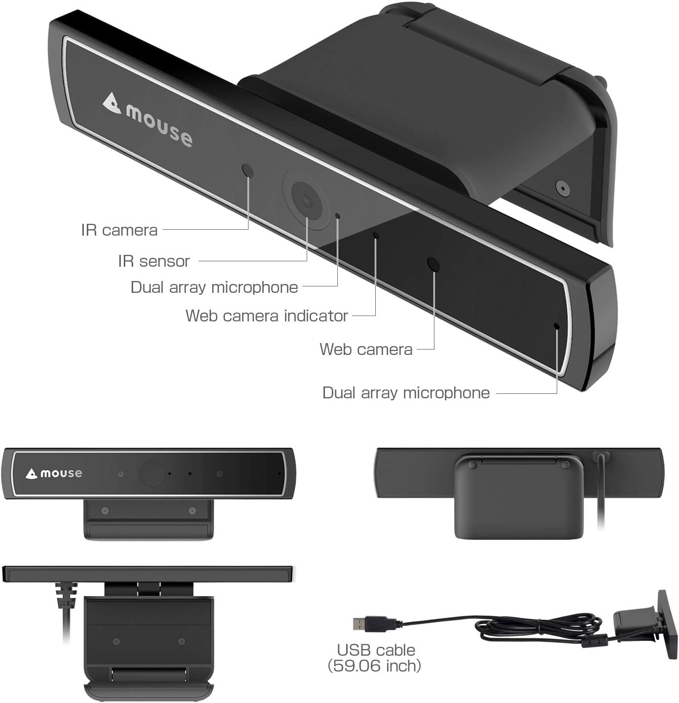 MouseComputer Facial Recognition Webcam Anti-Spoofing Hands-Free Easy Login Dual Mic IR USB2.0 Zoom Teams Webex Online Conf Meeting for Windows 11 10 Hello CM02A Pack of 2