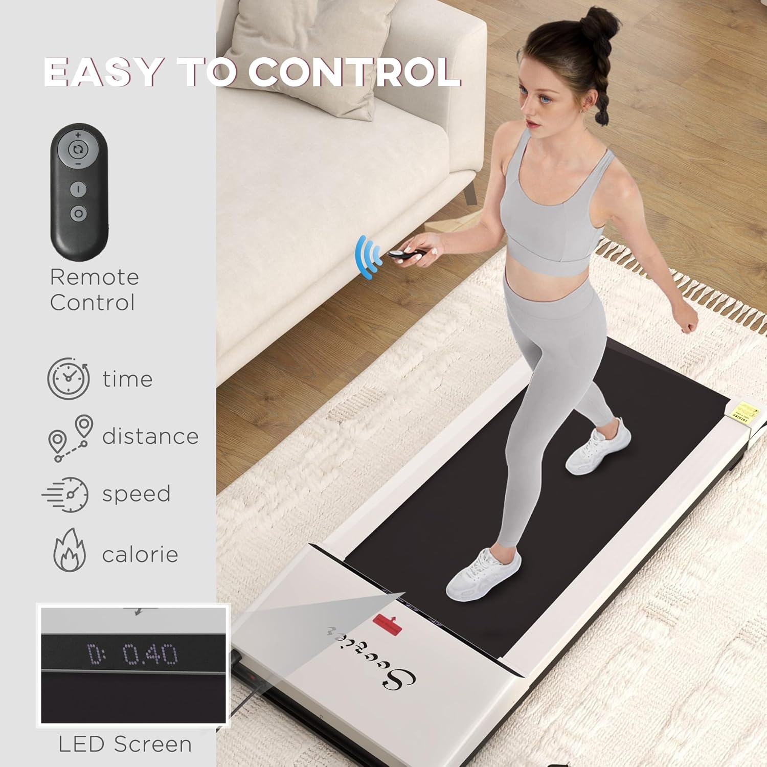 Soozier Under Desk Treadmill, Portable Walking Pad, Walking Jogging Machine with Foldable Wheels, LED Display, Remote Control, 264 lbs Weight Capacity, White