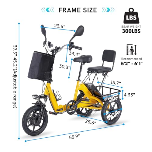 Electric Tricycle for Adults Foldable, 350W(Peak 500W) Folding Electric Trike, 3 Wheel Bikes for Adults with 480Wh Removable Battery, Trike Ebike with 2 Seats and Large Basket for Seniors Women