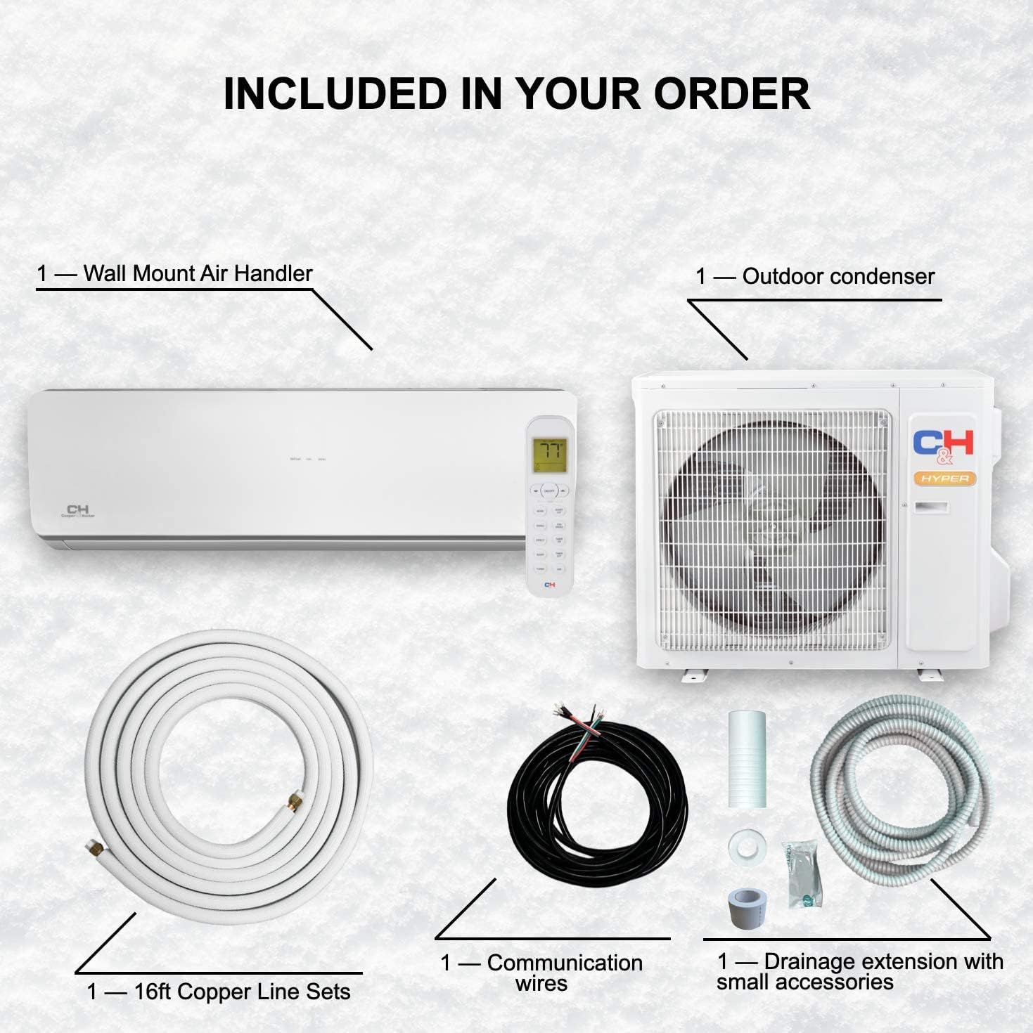 Hyper Heat 9,000 BTU, 25 SEER Ductless Mini-Split Air Conditioners -22F Heat Pump with 16FT Copper Line Set and Communication Wires