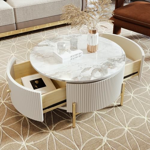 Modern Round Lift-top Nesting Coffee Tables with 2 Drawers for Living Room White & Natural