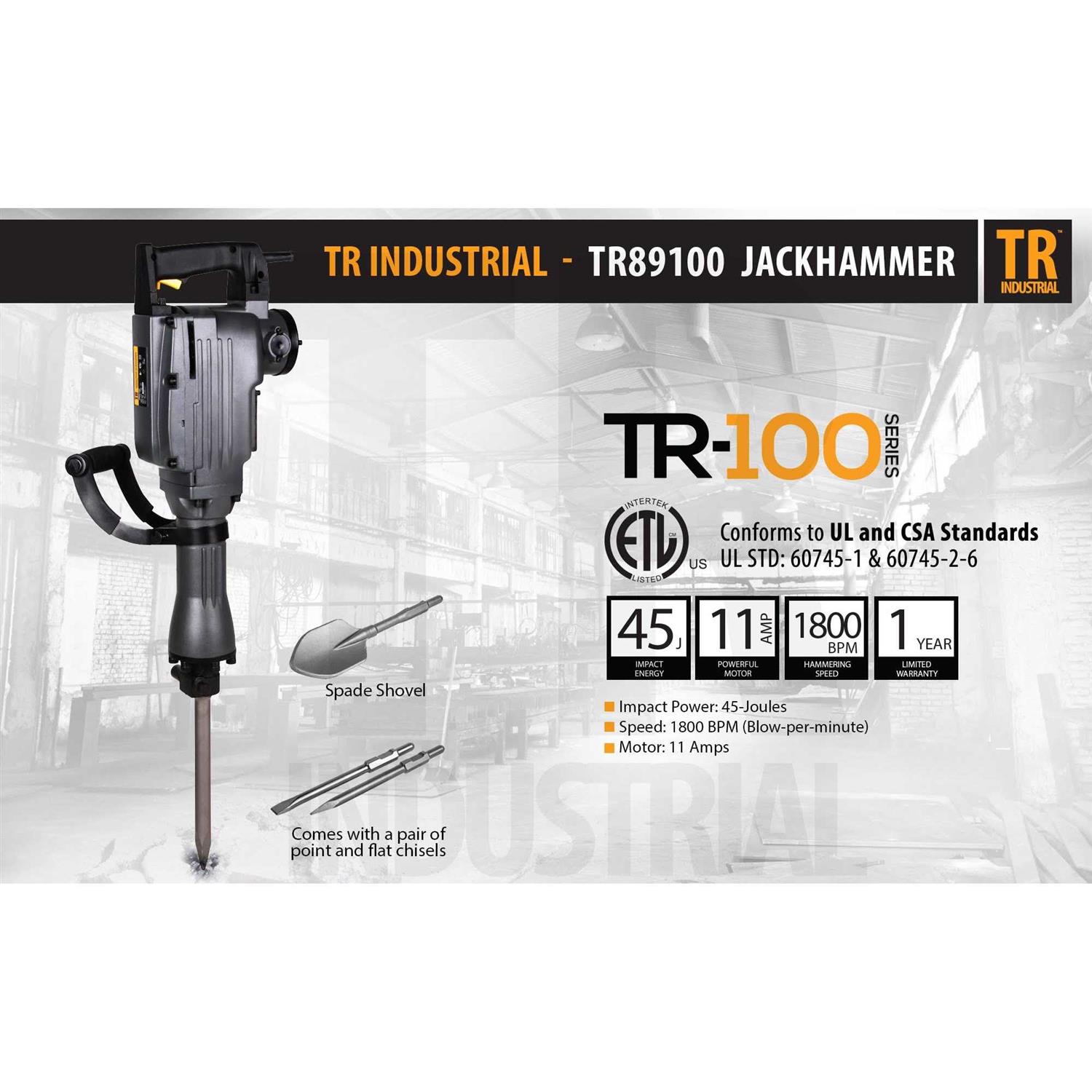 TR Industrial 11 Amp 31 lbs. Demolition Jack Hammer with Point, Flat and Spade Chisels - Shop Hardware Tools Online Store