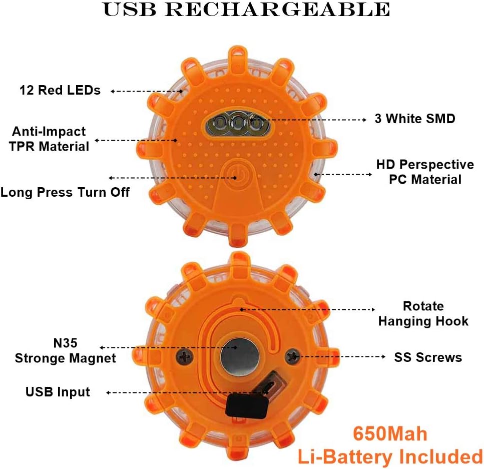 USB Rechargeable LED Road Flares Car Emergency Kit-Roadside Safety Discs Car Warning Safety Beacon Flashing Flares Kit Magnetic Hazard Lights with Window Breaker, Survival Whistle for Vehicles(12)