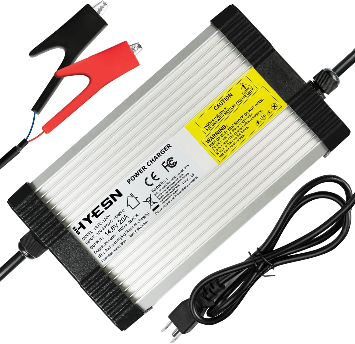 HYESN 14.6V 5A 20A LifePO4 Battery Charger Automatic Smart Charger and Maintainer with Cable Clamps, Lithium Battery Charger for 12V LiFePO4 Lithium-Iron Deep Cycle Rechargeable Batteries