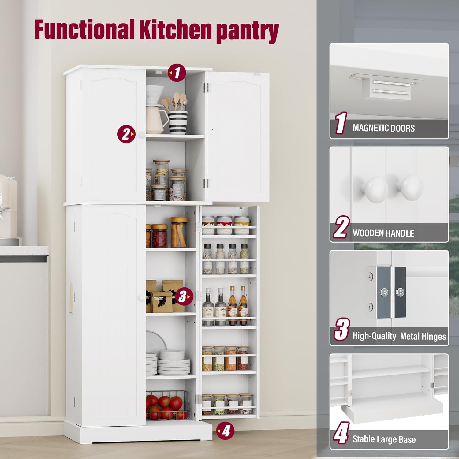 HOME BI 64" Kitchen Pantry Cabinet, Tall Freestanding Pantry Storage Cabinet, Food Pantry Cabinets with Doors and Shelves for Home Kitchen, Dining Room, Living Room, White