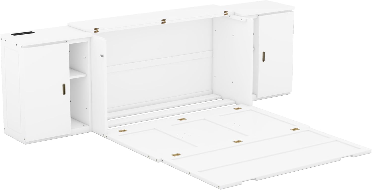 Queen Size Murphy Bed with Shelves and Cabinets,Murphy Wall Bed Queen with USB Ports,Queen Murphy Bed Cabinet for Kids,Boys,Girls,Adults,Bedrooms, Children's Rooms, Space Saving,White
