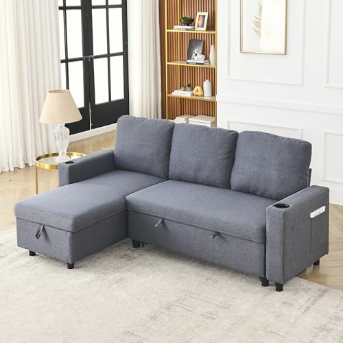 Convertible Sectional Sofa Couch, 3 Seat Sofa Set with Pullout Bed for Living Room, L-Shaped Modern Fabric Modular Sofa Sleeper with Storage Chaise for Office, Apartmen(Light Grey)
