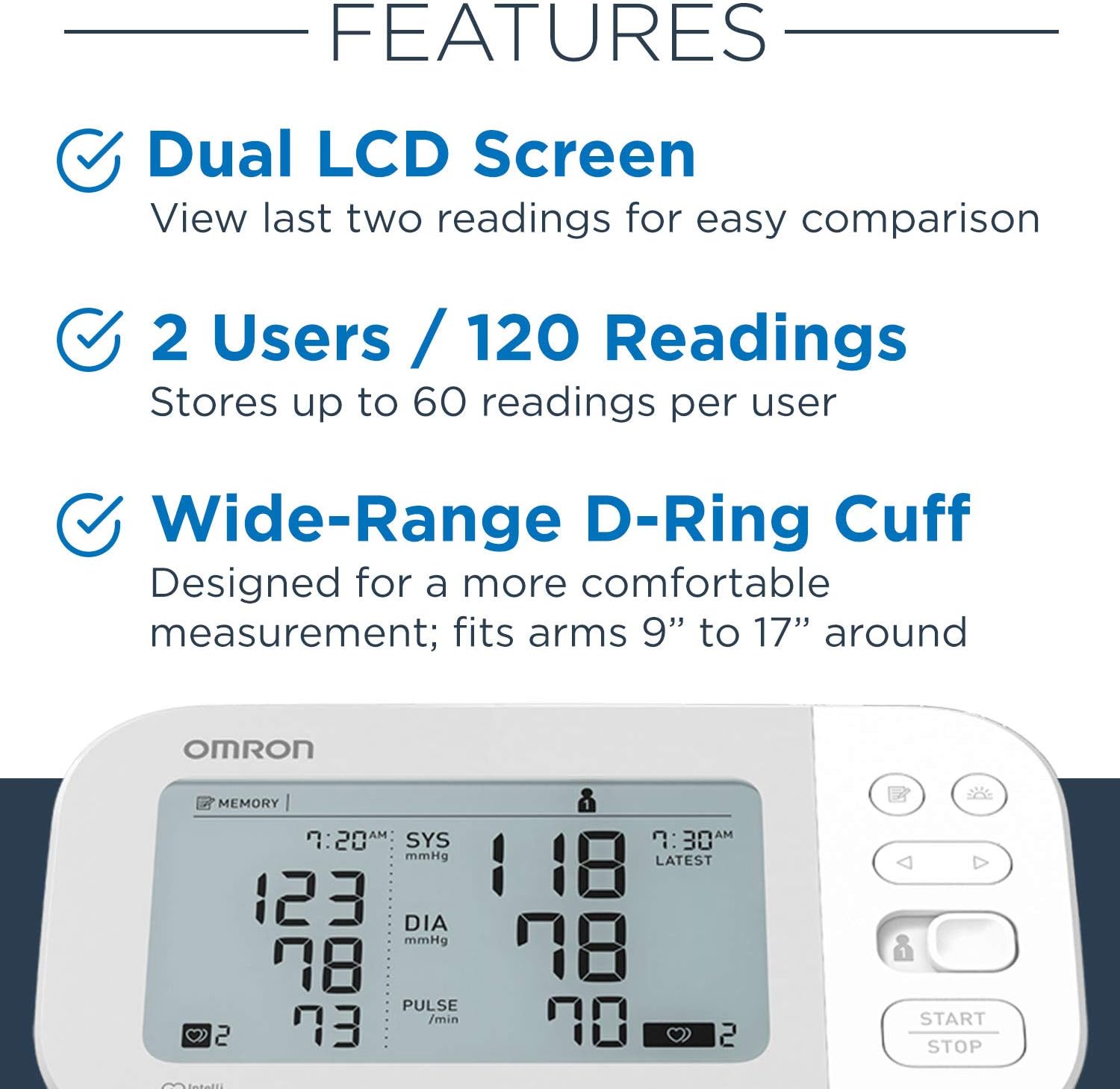 OMRON Gold Blood Pressure Monitor, Premium Upper Arm Cuff, Digital Bluetooth Blood Pressure Machine, Stores Up To 120 Readings for Two Users (60 readings each)