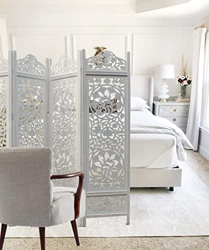 Room Divider Wood Screen - Ghanti Bells Antique Brown - 4 Panel Folding 72 x 80 - Assembled Hand Carved Decorative Functional Versatile Portable Partition Reversible Privacy Boho - COTTON CRAFT