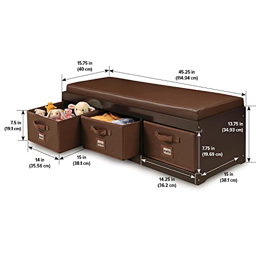 Badger Basket Kid's Padded Toy Storage Bench with Cushion and Three Fabirc Bins - Gray