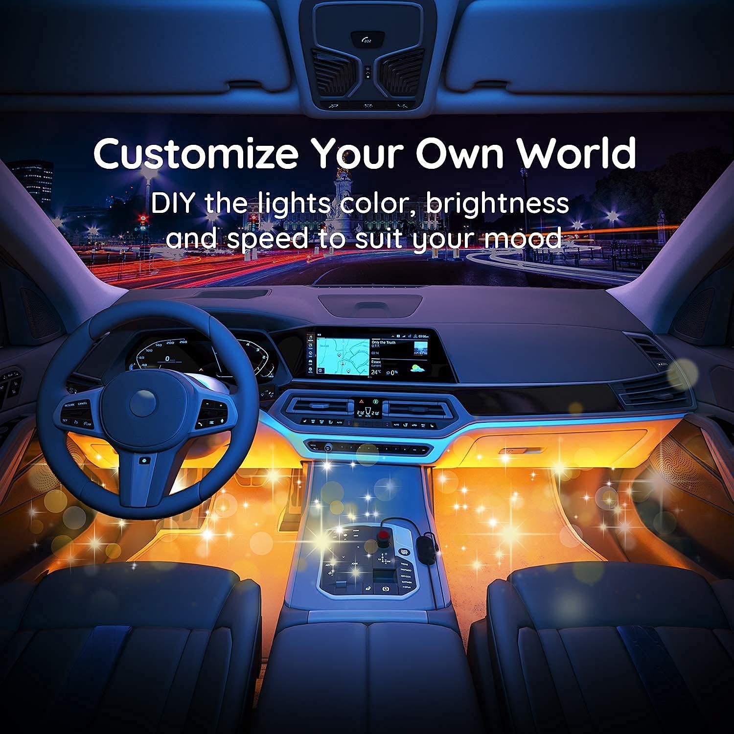 Govee Car LED Lights, Smart Car Lights with APP Control, Music Sync Interior Car Lights with 7 Scene Modes and 16 Million Colors, 2 Lines Design RGB Under Dash Car Lighting with Car Charger, DC 12V