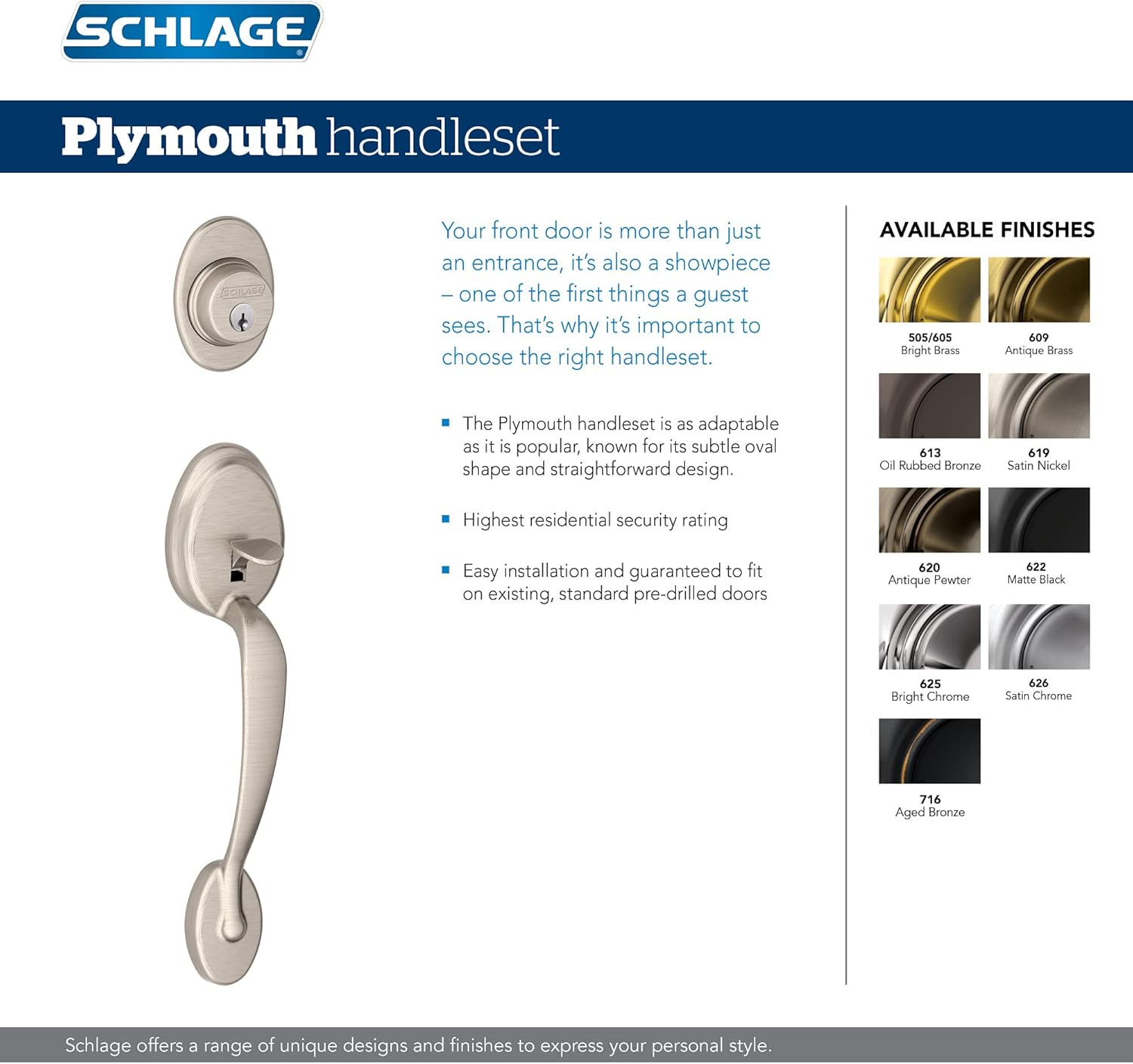 Schlage F60 V PLY 505 FLA 605 Plymouth Front Entry Handleset with Flair Lever, Deadbolt Keyed 1 Side, Bright Brass
