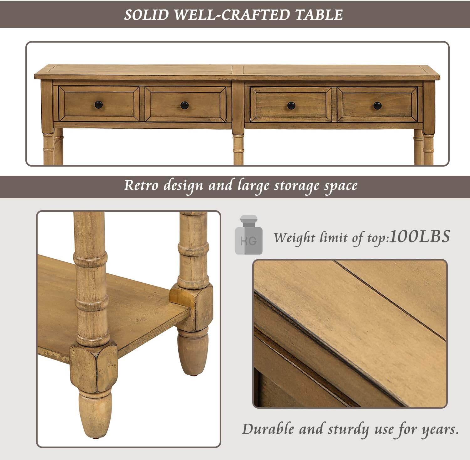 Farmhouse Console Sofa w/Two Storage Drawers & Bottom Shelf, Classic Solid Wood Entryway-Table for Living Room Bedroom Hallway, Easy to Assemble, Old Pine, 58 Inch