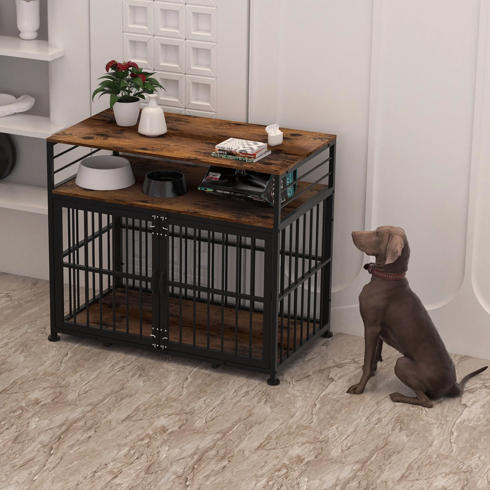 NBTiger Dog Crate Furniture with Storage Shelf, Wooden Puppy Kennel for Small Medium Large Dogs, 40" Decorative Pet Cage House End Table Indoor, Brown
