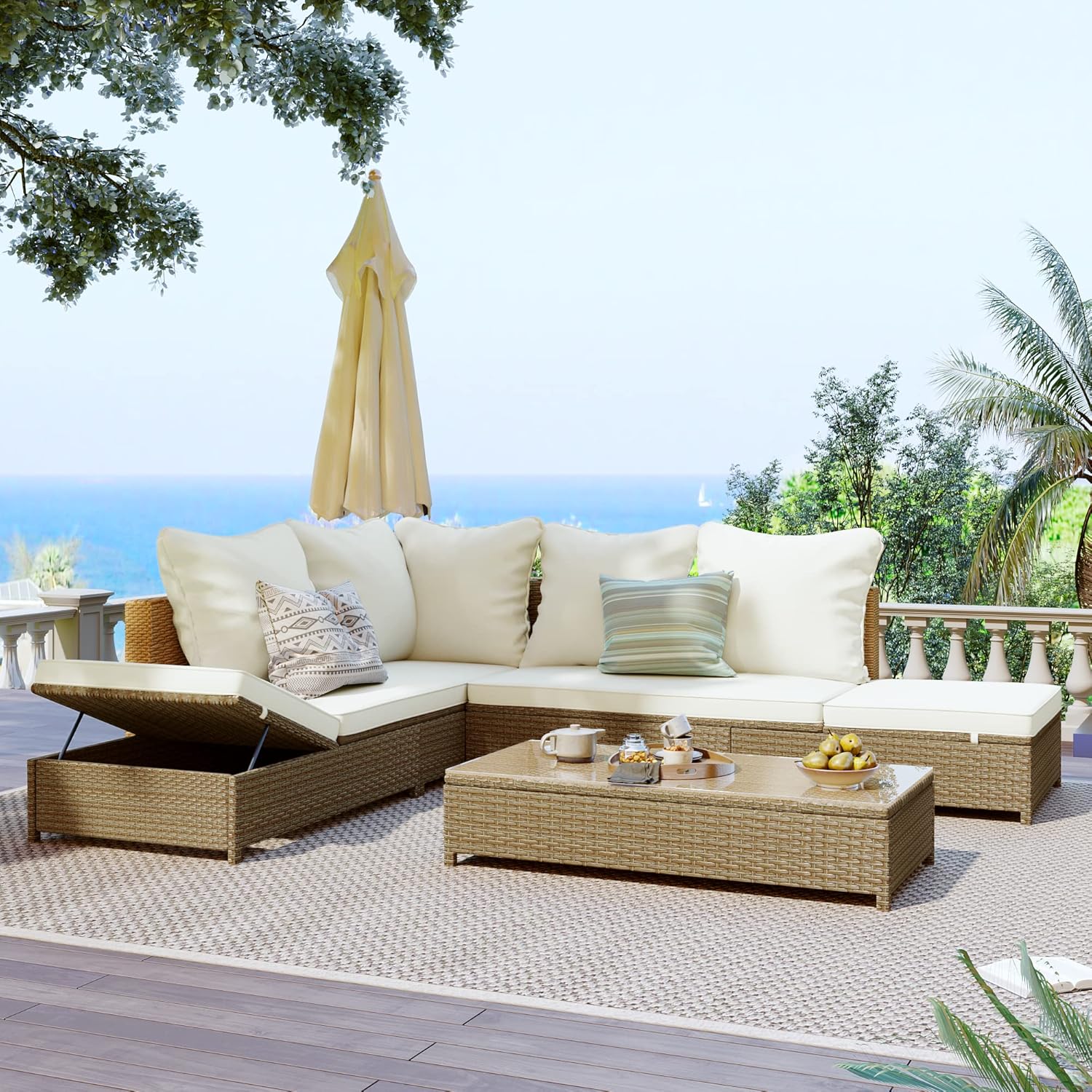 3-Piece Patio Furniture, Weather PE Rattan Wicker Sectional Sofa Set with Adjustable Chaise Lounge Frame and Tempered Glass Table, Washable Pillow&Cushion, Natural