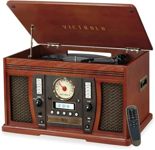 Victrola Navigator 8-in-1 Bluetooth Record Player with Built-in Speakers– 3 Speed Turntable, CD Player, Cassette, FM Radio, USB, RCA Out, Headphone Jack, Wireless Music Streaming, Real Wood (Mahogany)