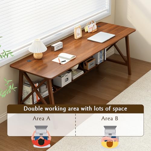 Extra Long Desk with Bookshelf - Solid Wood Home Office Work Study Table, 2-Person Writing Computer Workstation with Storage Shelf in Walnut, 55" Wx20 Dx30 H