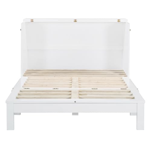 Full Size Murphy Bed Cabinet, Solid Wood Murphy Bed with Charging Station and Large Storage Drawer, Wall Mounted Foldable Platform Bed, Space Saving for Guest Room, Office, Gray