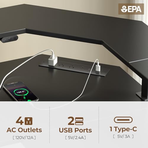 Rolanstar Standing Desk L Shaped with LED Light and Power Outlet, Electric Height Adjustable Desk with Monitor Stand, Sit Stand Up Desk, Computer Office Desk, Black