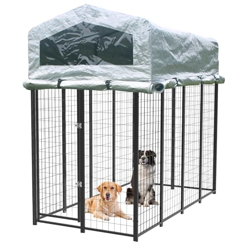 Outdoor Dog Kennel with roof, Large Dog Run Enclosure,Heavy Duty and Higher Outside Dog House with Anti-Rust Sidebar, Waterproof UV-Resistant Cover and Secure Lock (90" L x 90" W x 73" H)