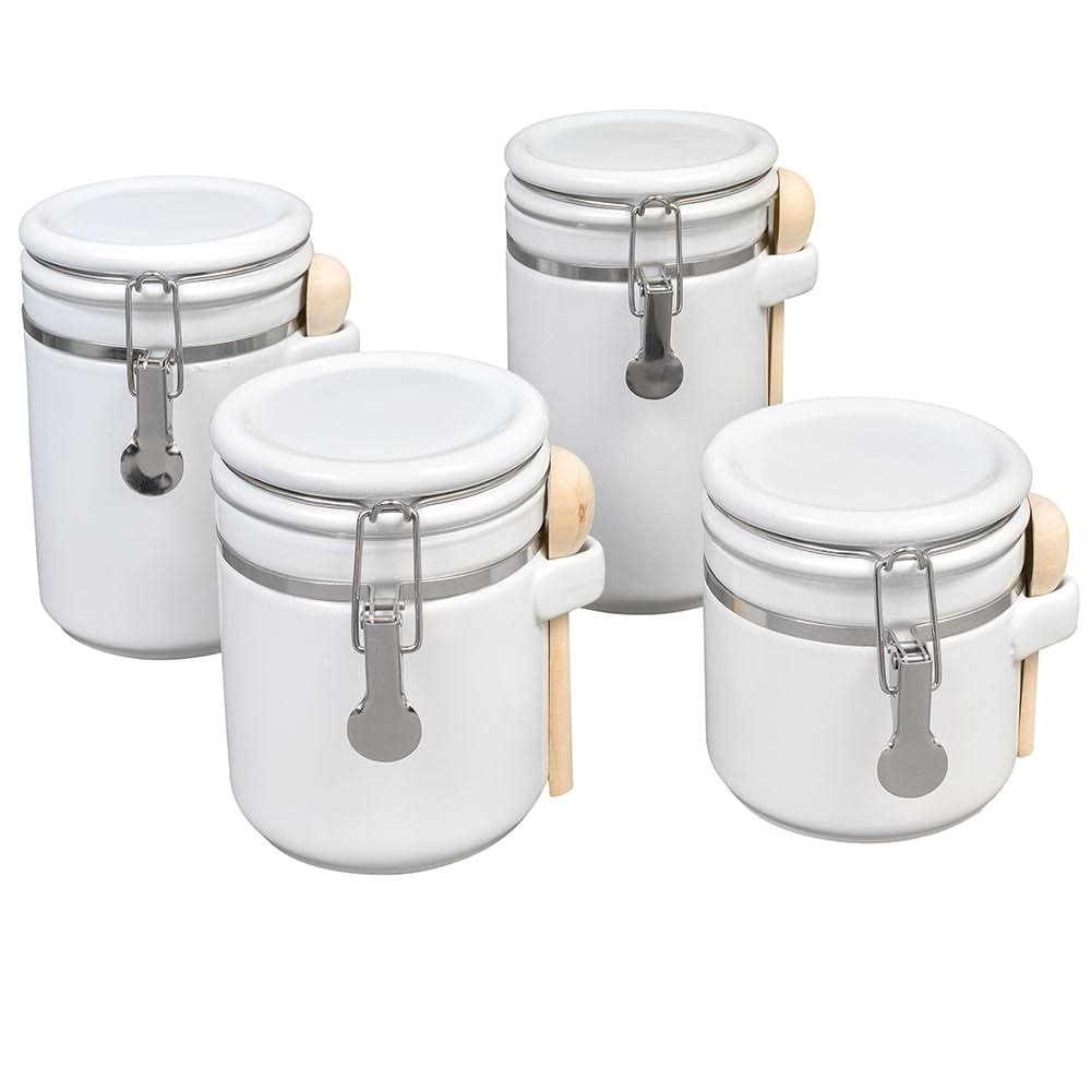 Anchor Hocking 4-Piece Ceramic Canister Set w/Clamp Lid and Wooden Spoon, White