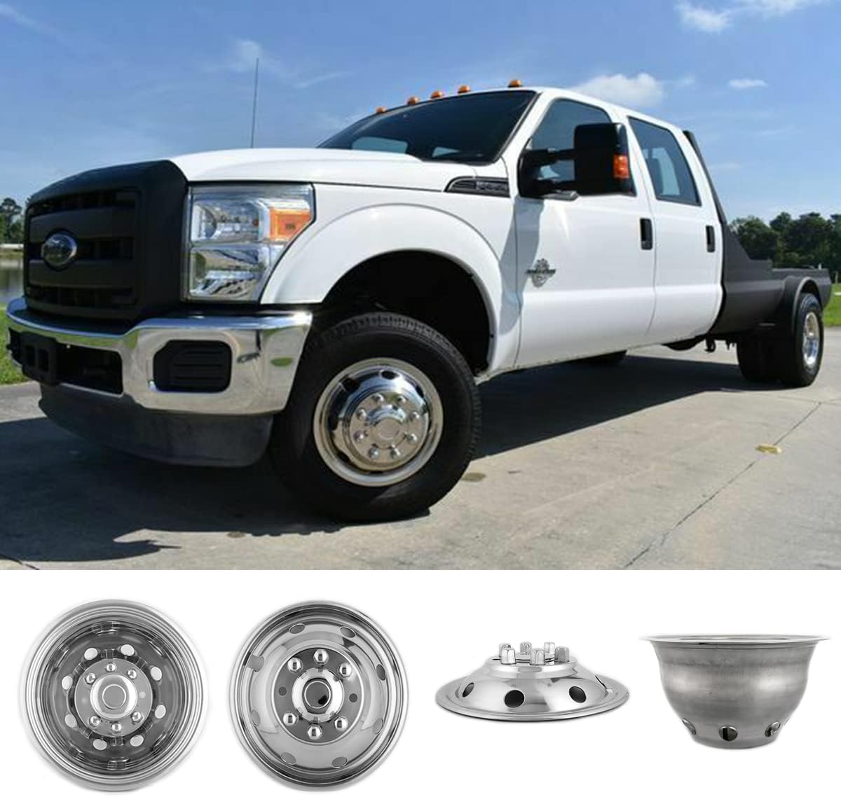 Deebior 4pcs 17inch Polished Stainless Steel Dually Wheel Simulators, Nice looking and Durable Bolt On Wheel Cover, 8 Lug 4 Hand Hole Hubcaps Fit for 2005-2021 Ford F350 with Installation Tool Kit A8P