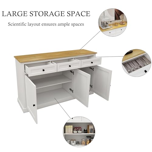 Buffet Cabinet Storage Sideboard Farmhouse Server Bar Wine Cabinet with 3 Drawers & 3 Doors Adjustable Shelves for Dining Living Room White