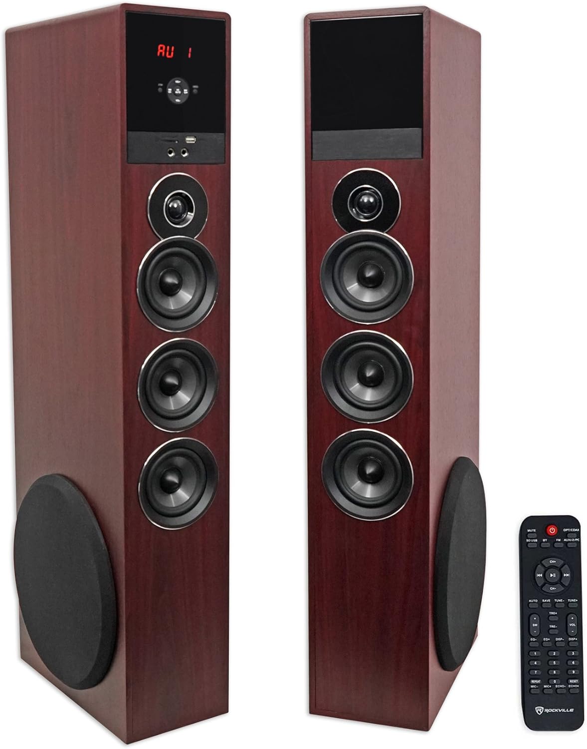 Rockville TM80C Cherry Powered Home Theater Tower Speakers 8" Sub/Bluetooth/USB