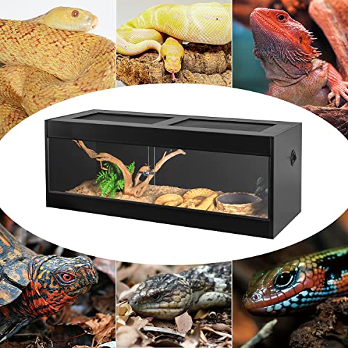 OIIBO Reptile Original Wood Enclosure, Large & Wide Reptile Terrarium with Double Hinge Sliding Doors and Top Screen Ventilation Black Reptiles Habitat Lounge (48"x24"x24")