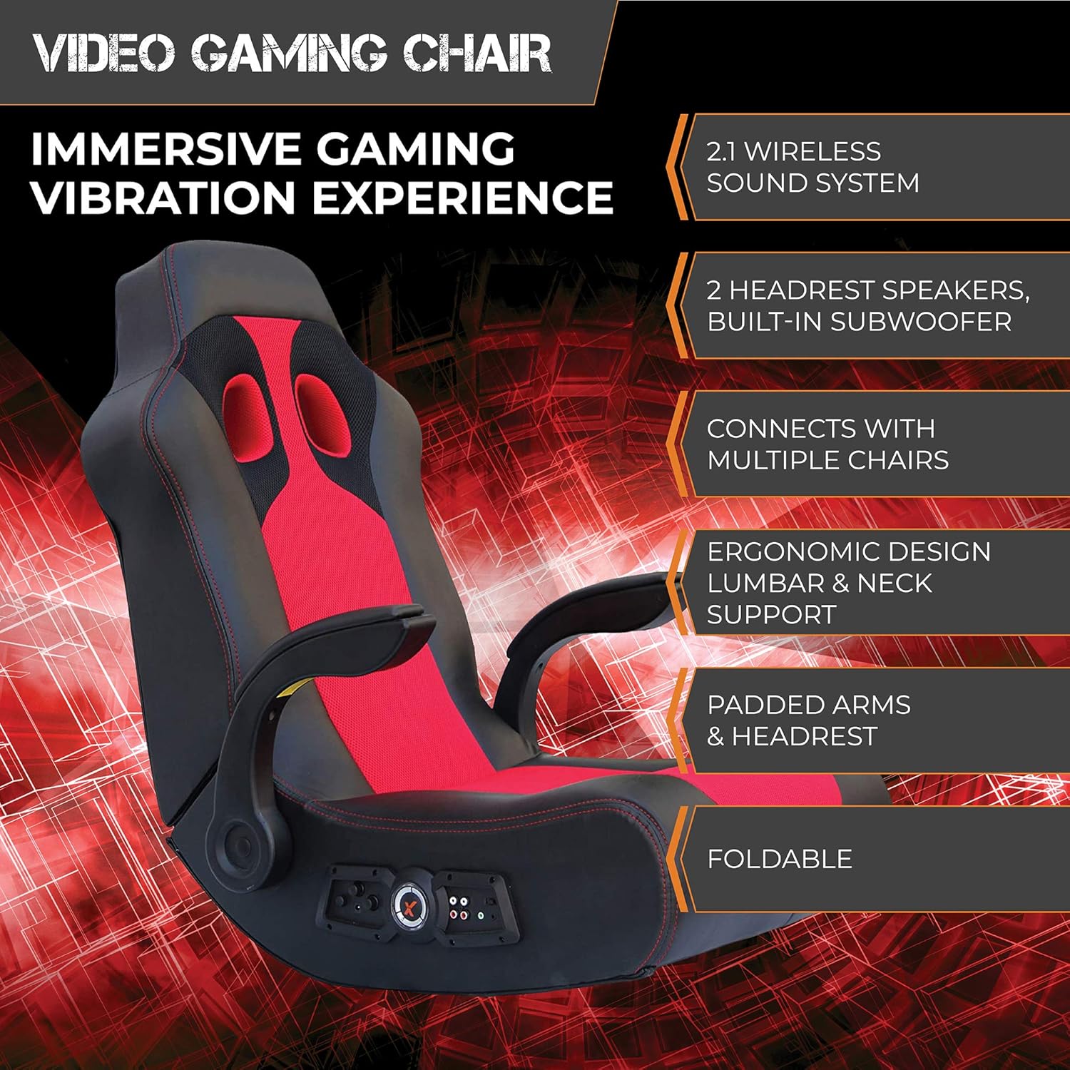 X Rocker, 5172801, Vibe 2.1 Wireless Bluetooth Gaming Floor Rocker, 23.62 x 14.57 x 17.69, Black/Red
