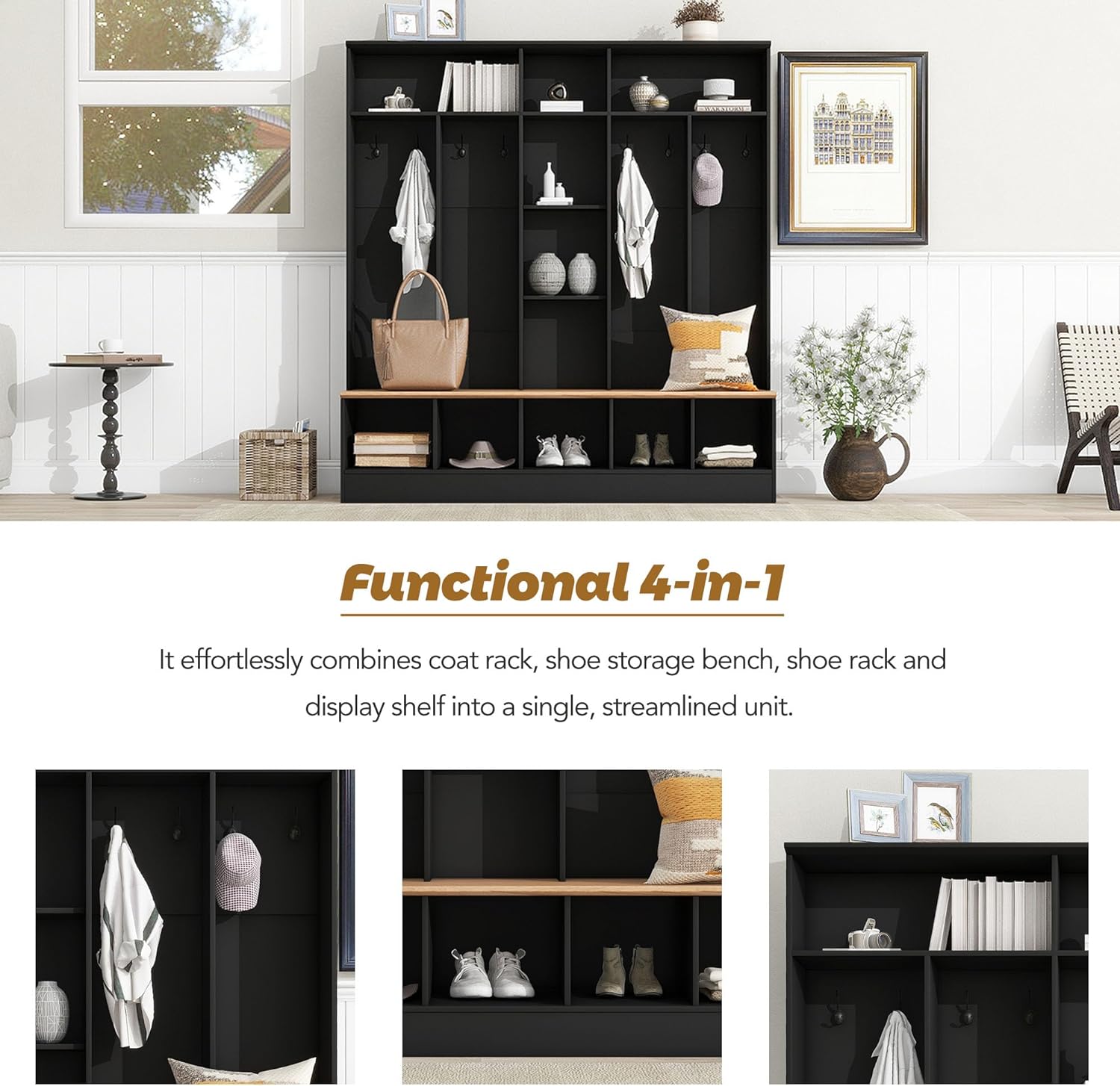 Wide Design 72''H Hall Tree with Storage Bench, Multifunctional Coat Rack with Minimalist Shoe Cabinet, Cube Storage & Shelves and 8 Hooks for Entryways, Mudroom, Black