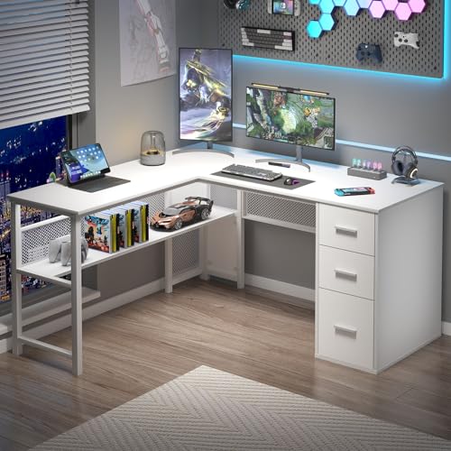 LVB Reversible Gray L Shaped Corner Desk, Farmhouse Wood Computer Desk with File Drawers Cabinets, Large Work Study Executive Home Office Desk with Storage Shelves for Bedroom, Light Grey Oak, 59 Inch