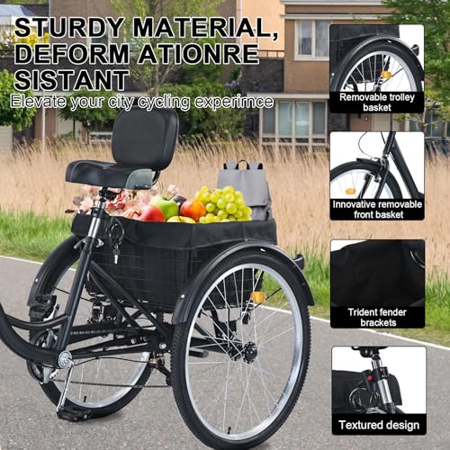 Upgraded Adult Tricycle, 7 Speed Tricycle for Adults with Front & Rear Baskets, 3 Wheel Bikes for Adults, Adult Tricycles for Women Men Seniors, Adult Trike, 26 inch Three Wheel Bikes