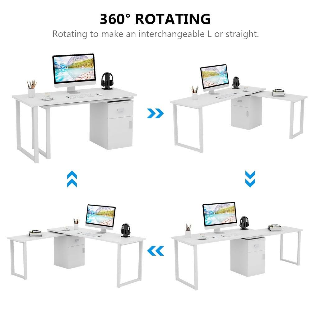 Rotating L-Shaped Computer Writing Desk with File Cabinet - Black