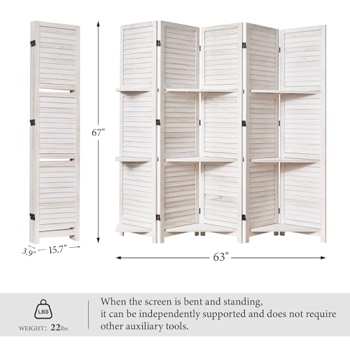 Room Divider with Shelves, 5.6 Ft Tall Folding Wood Screen with Double Hinges for Home Office Bedroom Hotel Decoration (6 Panels, Brown)